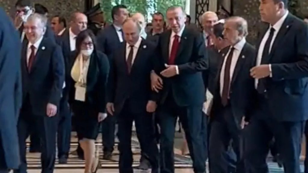 20 September 2022, at the Shanghai Cooperation Organisation Summit in Samarkand, Uzbekistan, Putin and Erdogan walk arm in arm